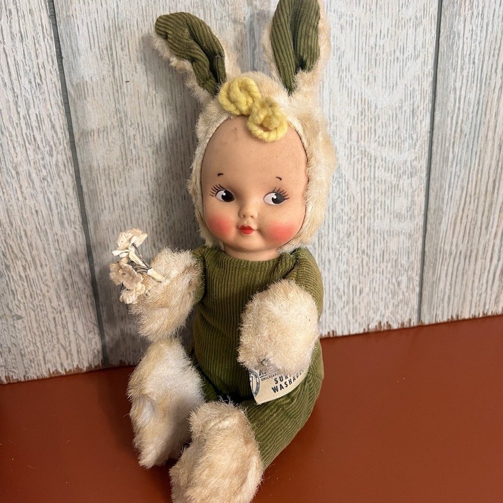 Rubber Face Bunny Rabbit Green Corduroy Suit Plush Doll by Knickerbocker